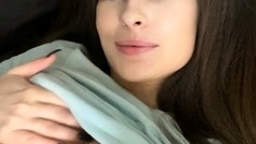 Amateur Busty Brunette Masturbates And Does Hand Job