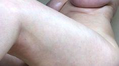 Pale amateur babe with big boobs swallows cum on her knees