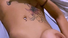 Busty curly brunette with big boobs fucks on couch