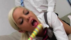 Blonde teen gives handjob and blowjob