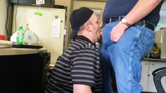 Daddy trucker dumps a quick load in Chubby Boy's mouth...